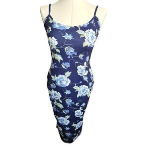 Navy Blue Floral Bodycon Midi Dress With Spaghetti Straps Size L 8/10 JJ3940